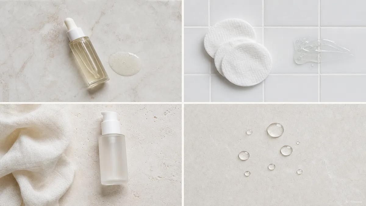 Image: Four small skincare vignettes arranged in a calm grid suggesting dry, oily, sensitive, and clear skin scenarios, soft natural light, no faces or brands shown