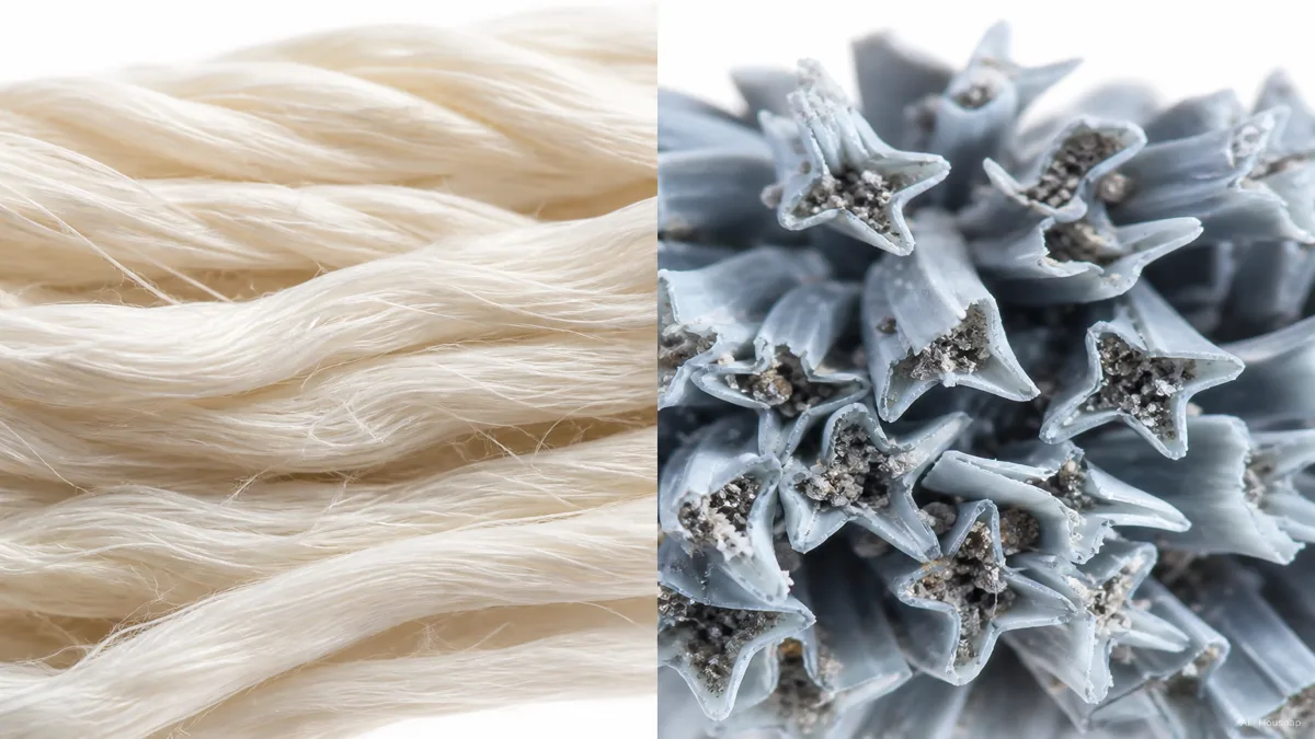 Image: extreme macro split-screen showing round smooth cotton fibers on the left and star-shaped split microfiber strands trapping dust particles on the right, soft daylight, clean editorial product photography style — AI illustration