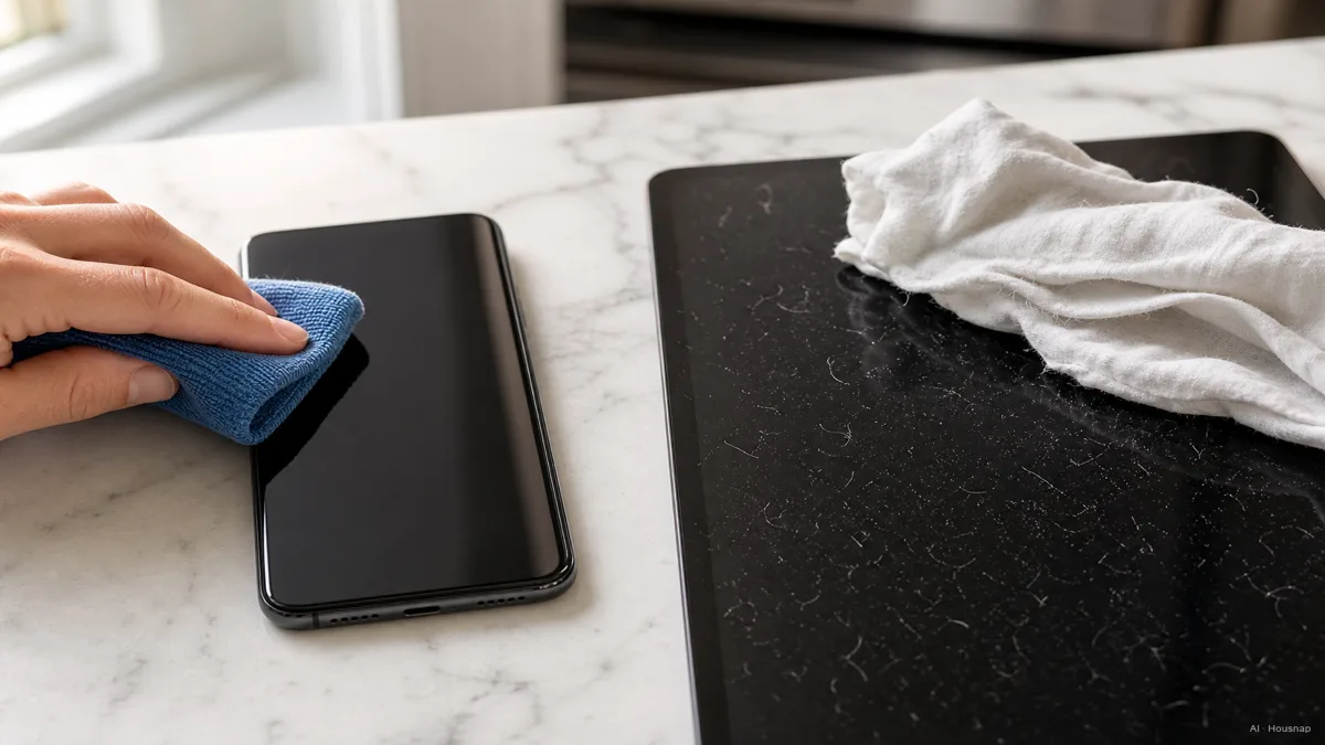 Image: a hand wiping a smartphone screen with a microfiber cloth leaving it streak-free, next to a cotton rag that has left visible lint on a dark glass surface, bright kitchen light, editorial comparison shot — AI illustration