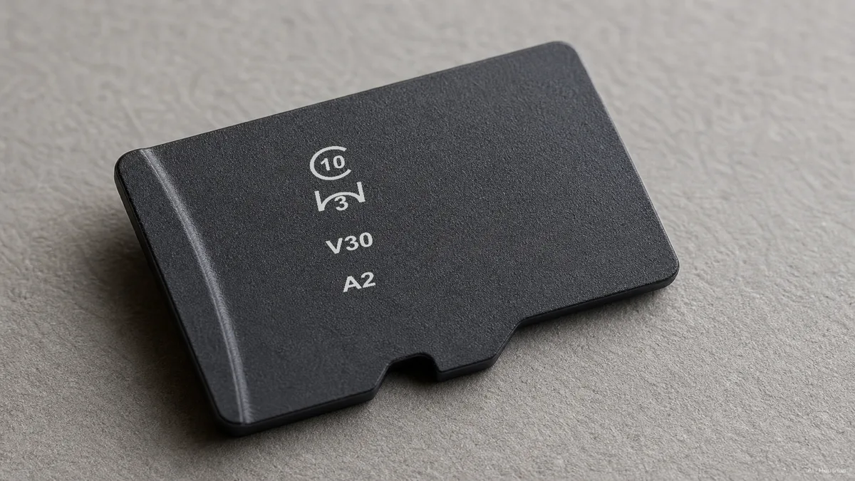 Image: close-up macro shot of a microSD card face showing the stacked C10, U3, V30, and A2 icons clearly visible — AI-illustratie