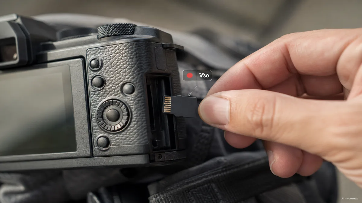 Image: a photographer's hand inserting a microSD card into a mirrorless camera, with a small icon overlay showing the V30 rating next to a record button — AI-illustratie