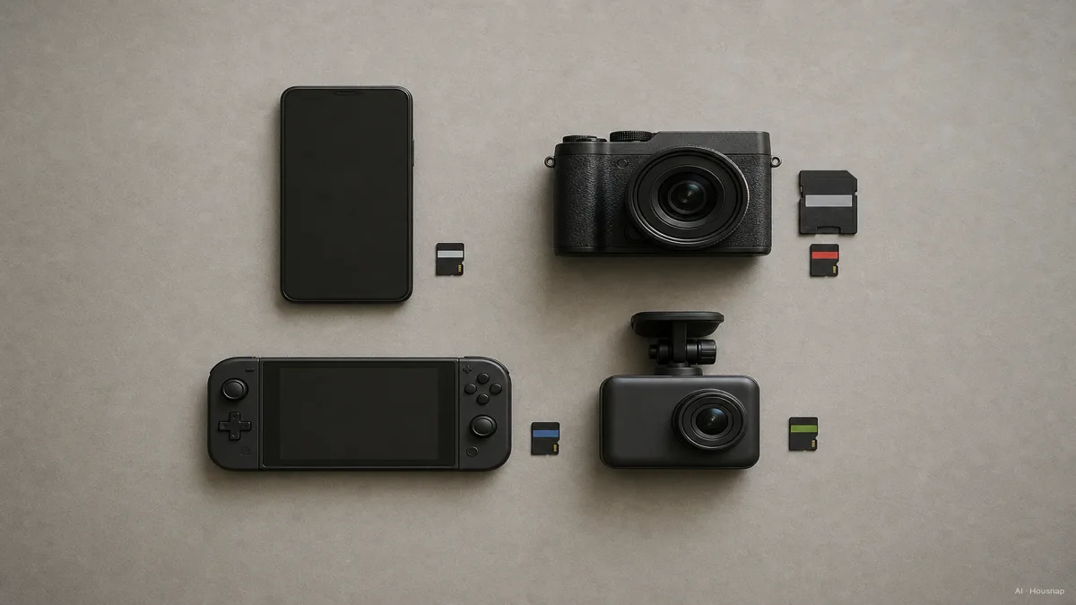 Image: a small flat-lay grid showing four use-case icons, a phone, a camera, a handheld game console, and a dash cam, each paired with its matching card type — AI-illustratie