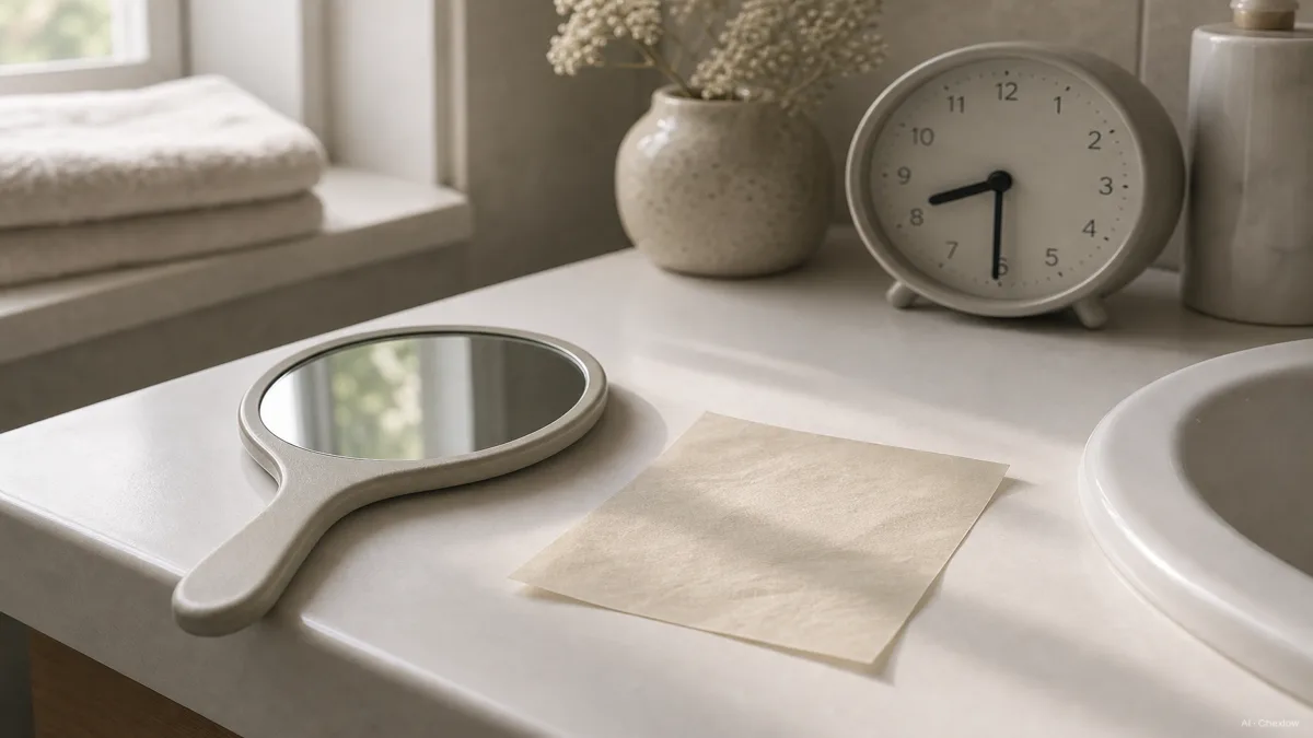 Image: A calm bathroom counter with a small hand mirror and a sheet of blotting paper, soft morning light, a clock showing thirty minutes passed, no brand marks