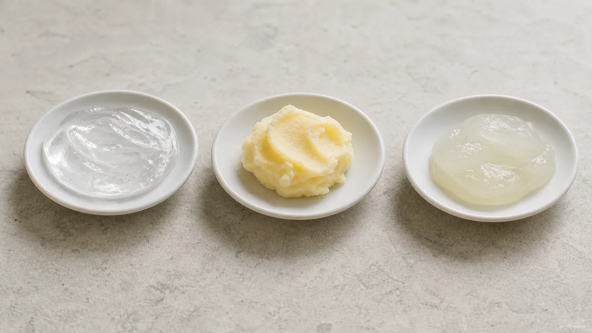 Image: Three small dishes side by side holding a clear gel, a soft butter, and a glossy balm, labeled humectant emollient occlusive in plain type, neutral light, no brand marks