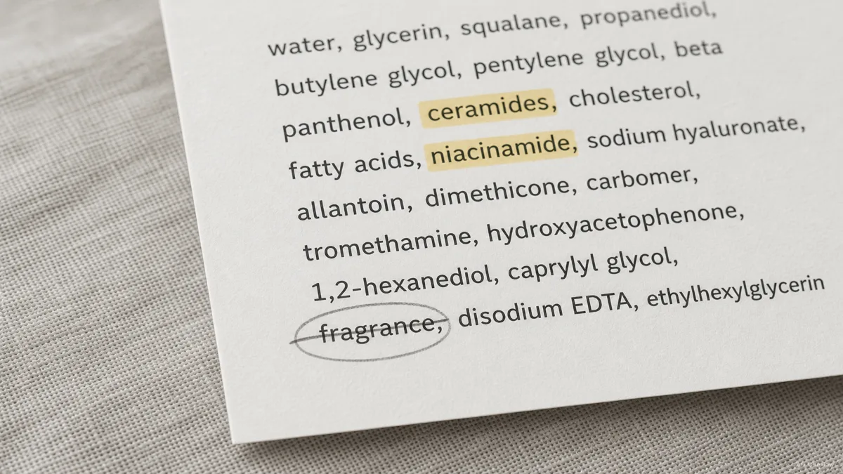 Image: A close-up of a moisturizer ingredient list with ceramides and niacinamide gently highlighted and the word fragrance circled with a soft line through it, neutral lighting, no readable brand name