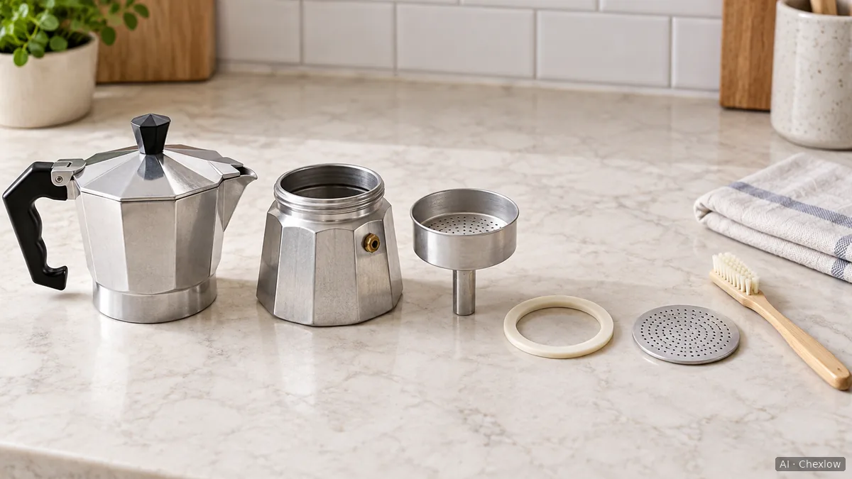 A disassembled moka pot beside a separate sealing ring, perforated filter plate, soft toothbrush and cloth on a kitchen worktop.