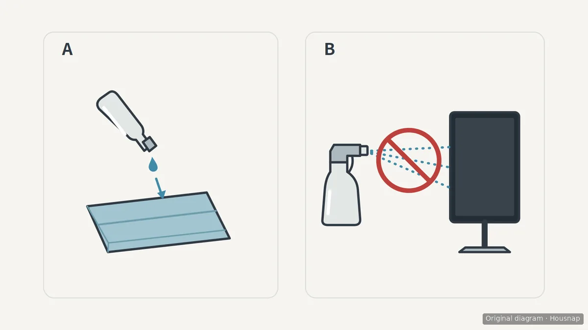 Diagram A shows liquid being applied to a folded cloth; diagram B shows a spray aimed at a monitor with the spray path crossed out.