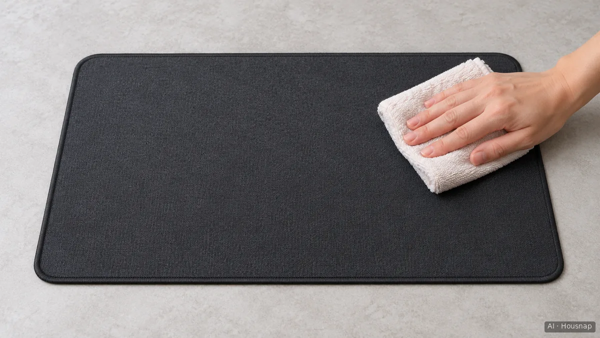 A hand blotting the corner of a flat cloth mouse pad with a folded towel. — AI illustration