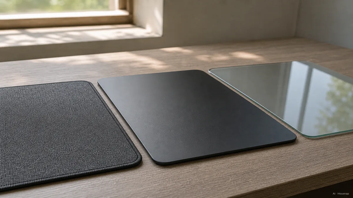 Image: three mouse pad surfaces laid side by side on a desk, a woven cloth pad, a smooth hard plastic pad, and a glass pad with visible reflections, each catching light differently — AI illustration