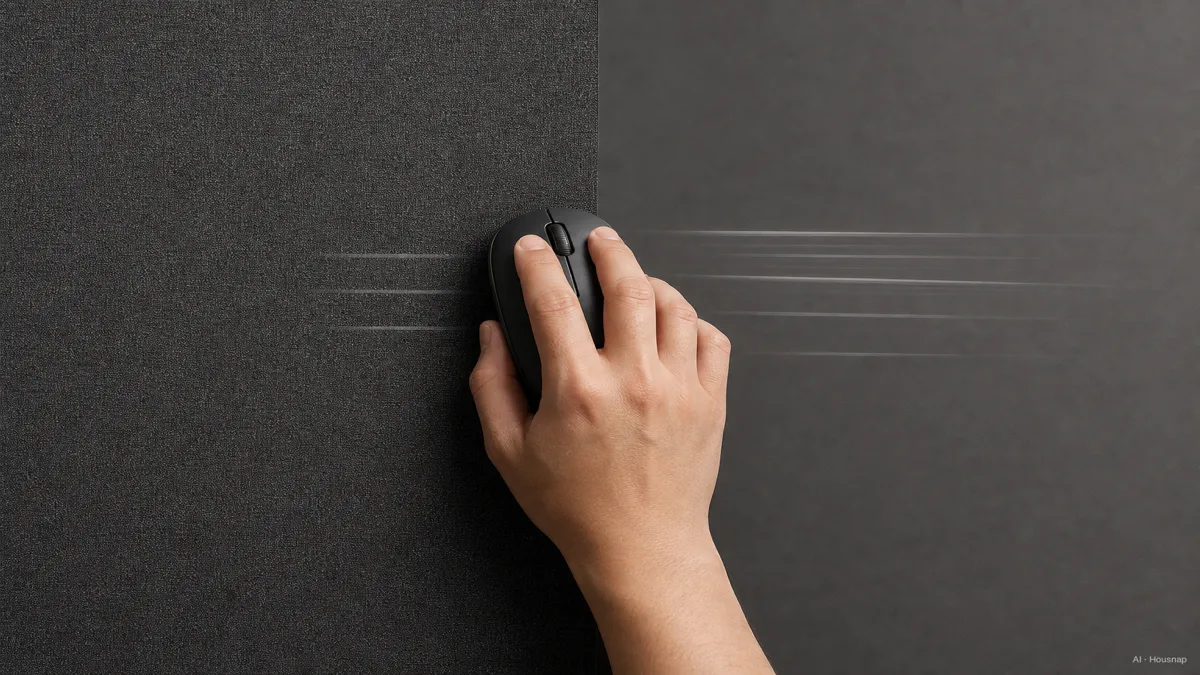 Image: overhead view of a hand moving a mouse across two different pad zones on the same desk, one textured and slower on the left, one smooth and fast on the right, with faint motion trail lines suggesting different glide speeds — AI illustration