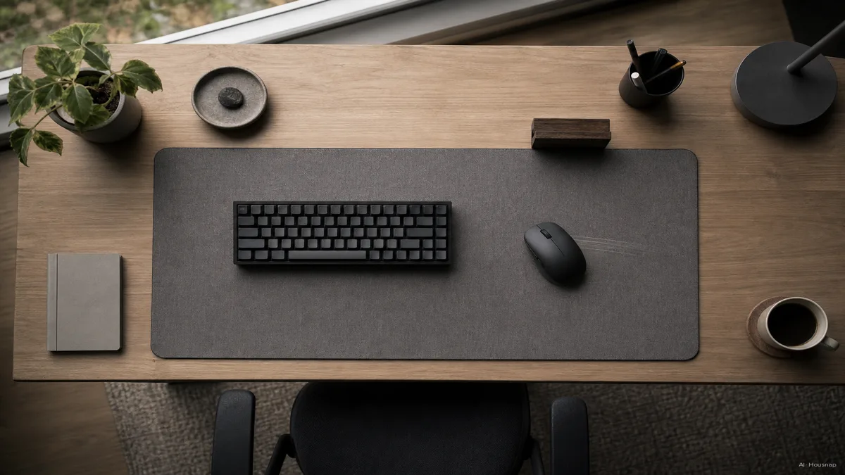 Image: a full desk setup viewed from above, keyboard and mouse both resting on one extended desk mat, mouse mid-glide with a faint motion line toward the edge of the pad — AI illustration