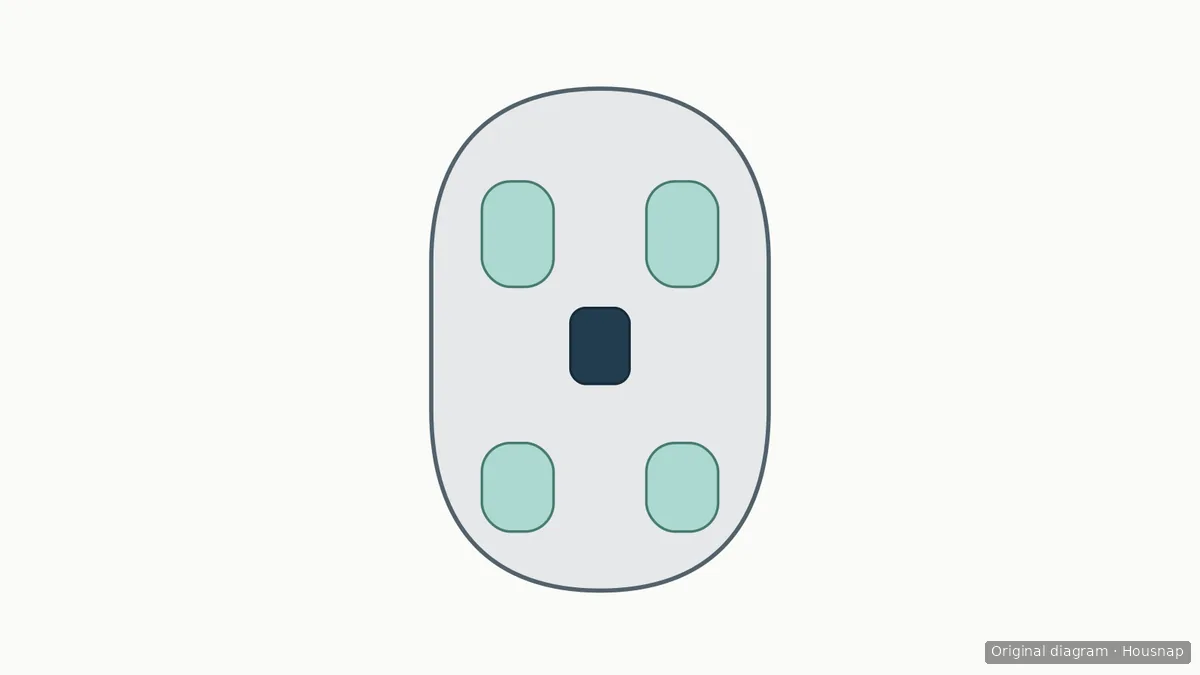 Schematic underside of a mouse with a dark sensor window in the middle and four pale glide feet around the outer edge.