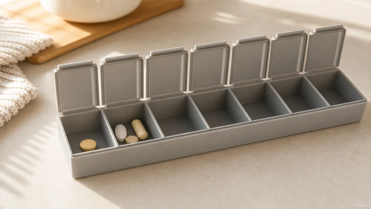 Image: An open daily pill organizer on a kitchen counter, one compartment holding a single multivitamin tablet and a neighboring compartment holding three different single-nutrient capsules, soft morning light, no labels or brand marks