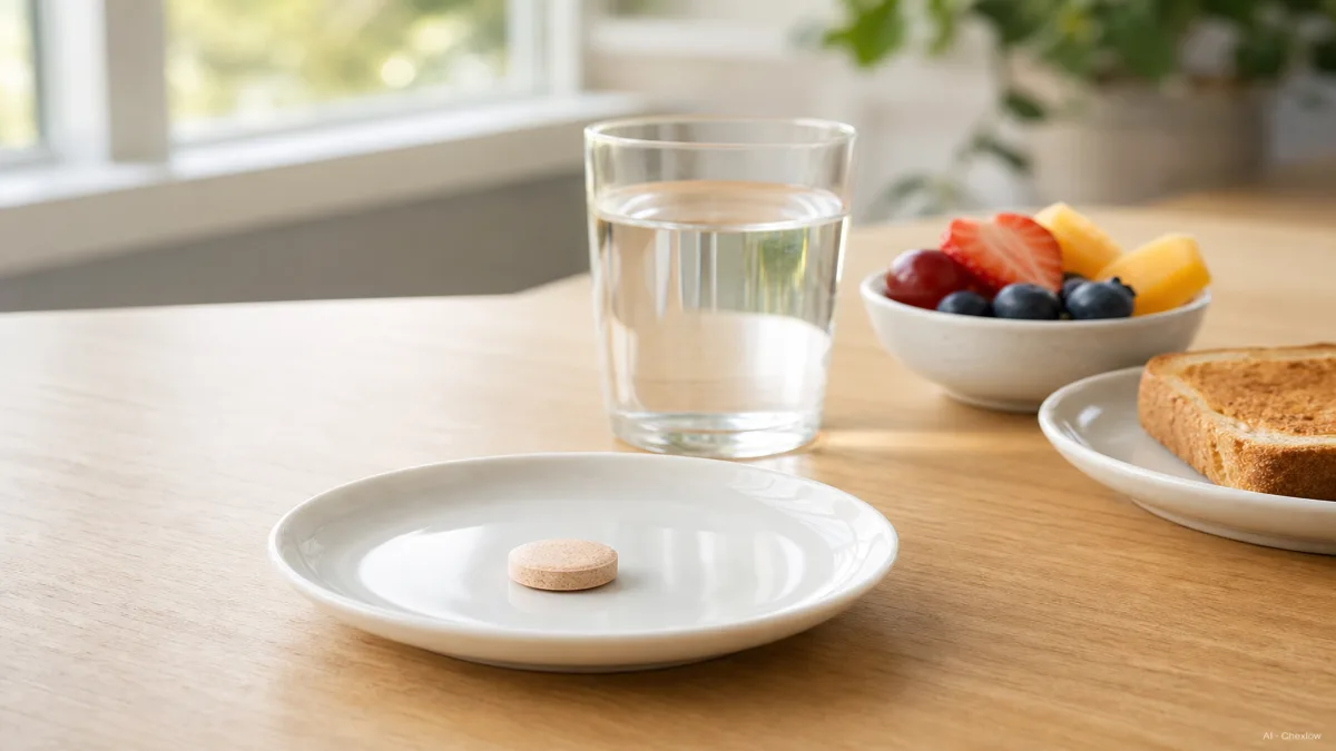Image: A single multivitamin tablet resting beside a glass of water on a bright breakfast table next to a bowl of fruit and a piece of toast, warm natural light, no visible brand marks