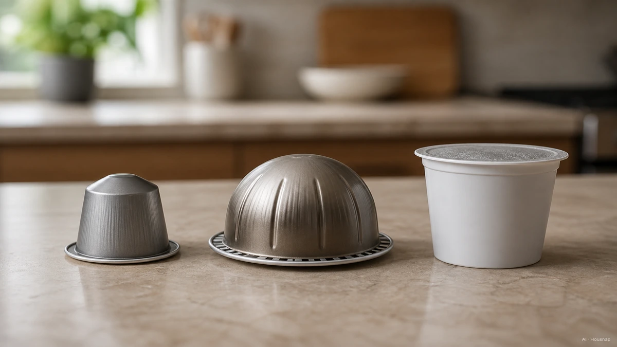 Image: Three coffee pod types side by side on a kitchen counter, a small aluminum Nespresso Original capsule, a larger dome-shaped Vertuo capsule, and a plastic Keurig K-Cup, soft natural light, no visible logos — AI illustration