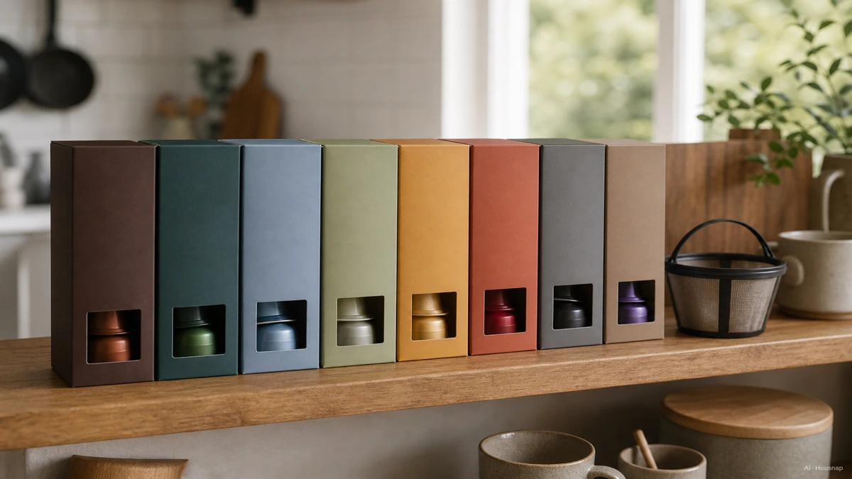 Image: A kitchen counter shelf lined with rows of colorful coffee pod boxes next to a reusable coffee filter basket, bright and organized, no visible brand logos — AI illustration