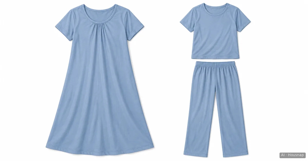 A plain nightdress and a two-piece pajama outfit laid side by side, showing an open dress hem and separate trouser legs. — AI illustration