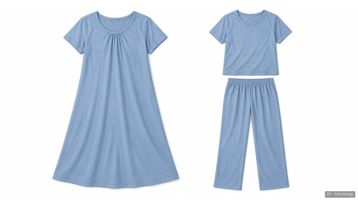 A plain nightdress beside a separate pajama top and long trousers, laid flat to compare one open hem with two trouser legs. — AI illustration