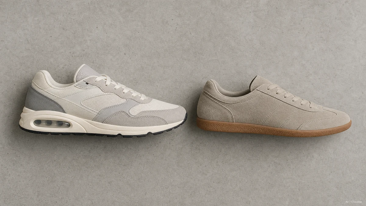 Side-by-side flat lay of a Nike Air Max sneaker with a visible heel air unit and an Adidas Samba sneaker with a suede upper and gum sole, neutral studio background, soft even light (AI generated illustration)