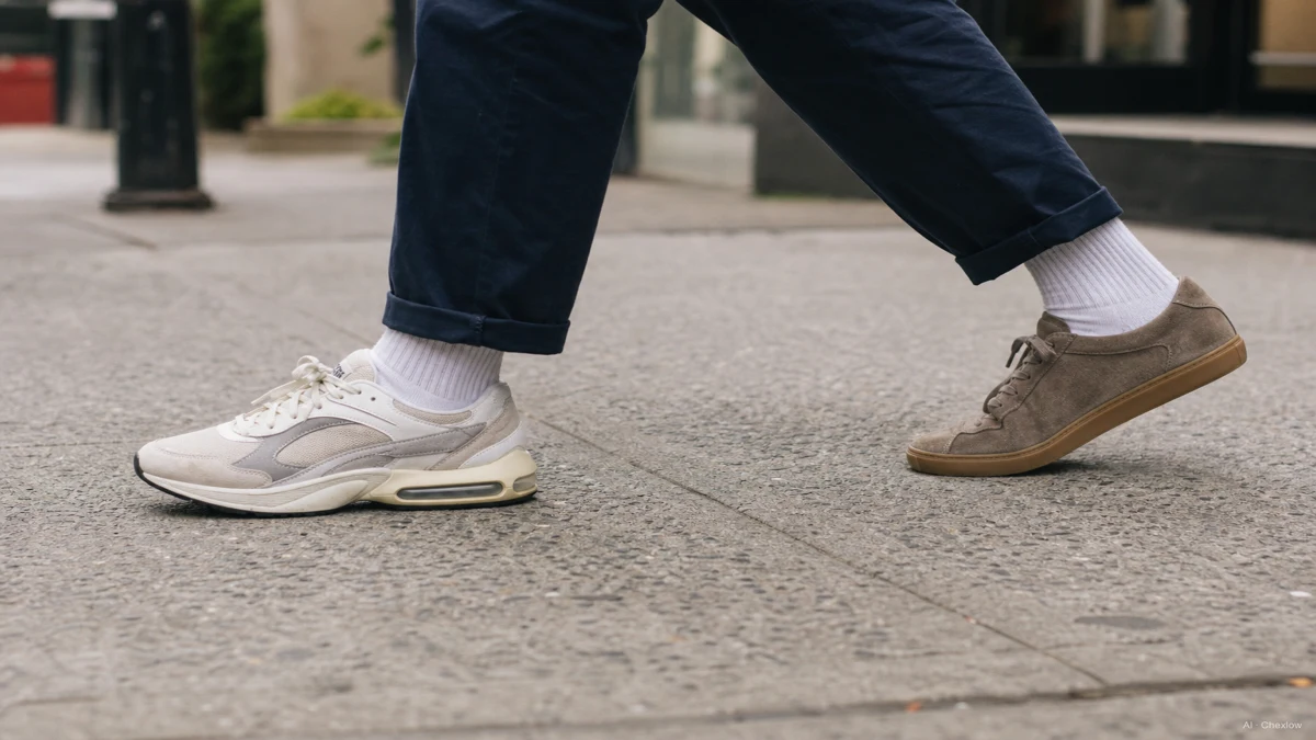 A person walking on a city sidewalk wearing Nike Air Max sneakers on one side of the frame and Adidas Samba sneakers on the other, motion blur suggesting daily wear, no visible logos, natural daylight (AI generated illustration)