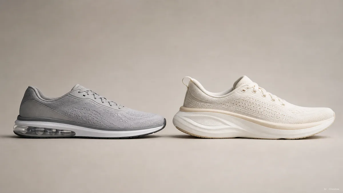 Image: Side-by-side flat lay of a low-profile firm running shoe with a visible heel air cushioning window and a plush high-stack running shoe with a thick white foam midsole, neutral studio background, soft even light