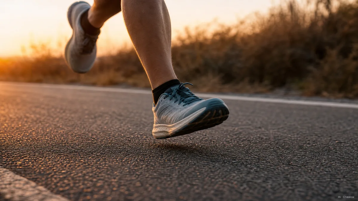 Image: A runner's feet mid-stride on a paved road at golden hour, motion blur suggesting many miles of daily training, no visible logos, natural light