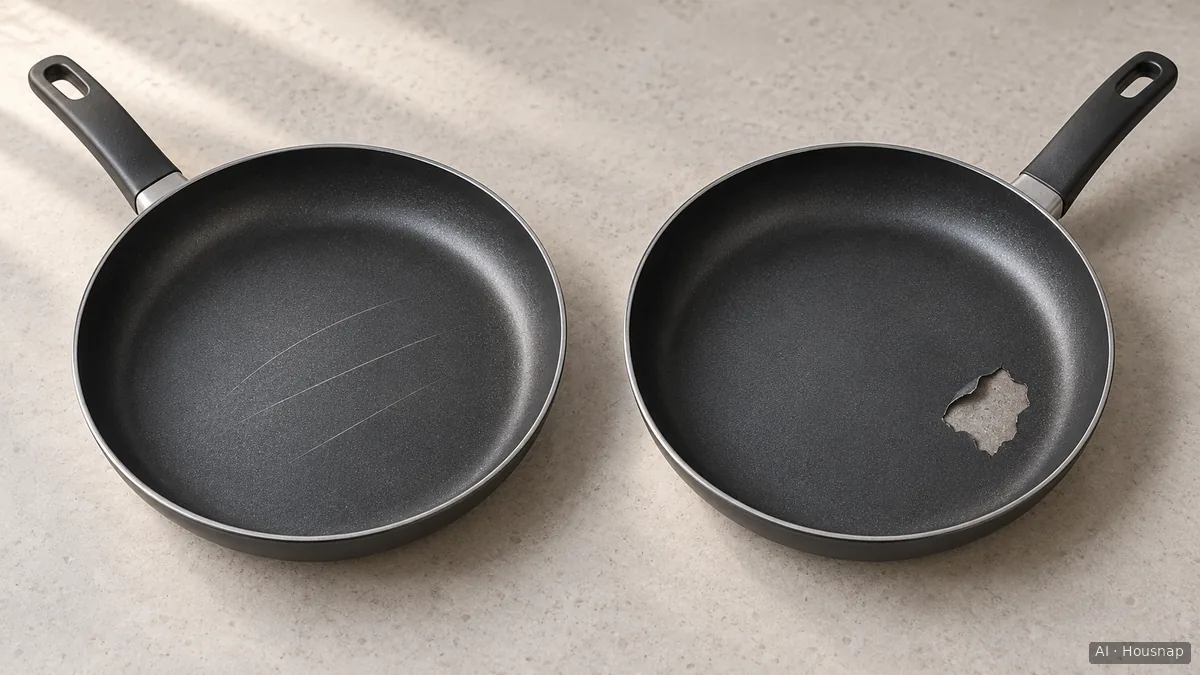 Illustration of two nonstick pan interiors, one with fine surface lines and the other with a patch of lifting, chipped coating — AI illustration