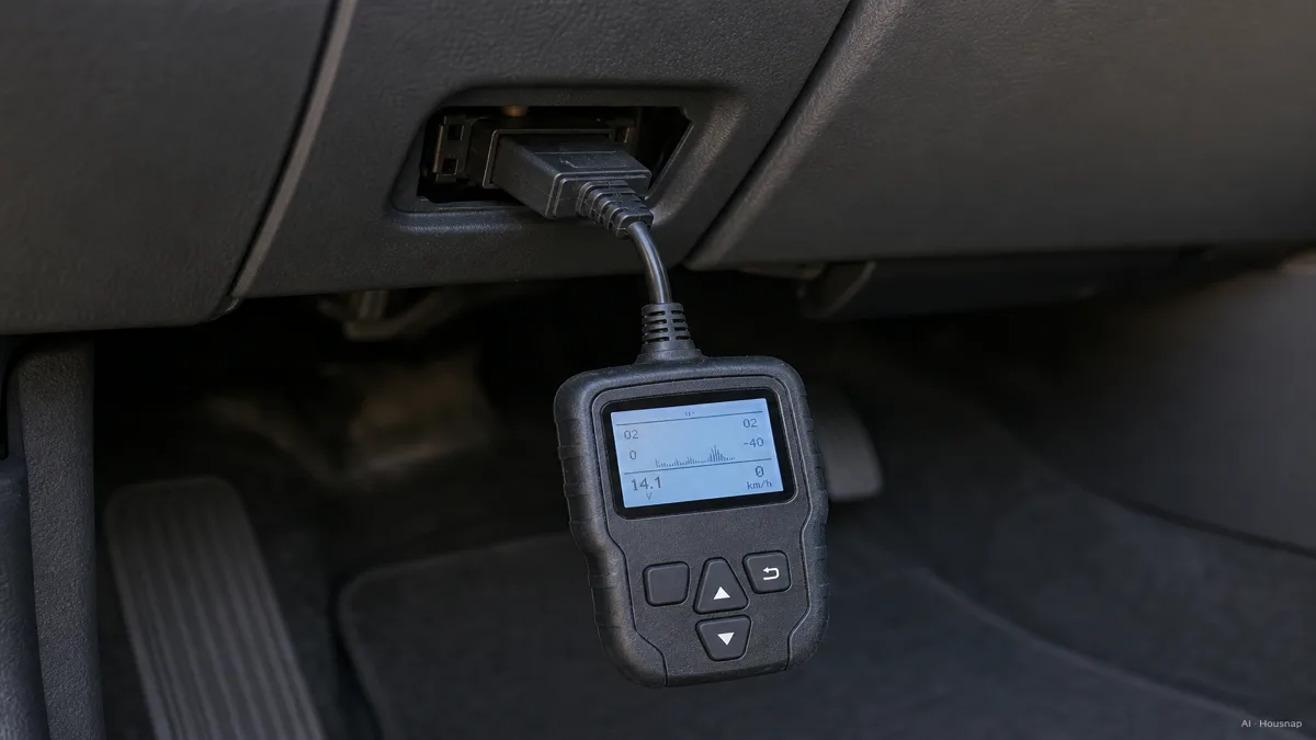Image: a close-up under a car's dashboard showing a handheld OBD2 scanner plugged into the 16-pin diagnostic port, its screen lit up with a small readout — AI illustration