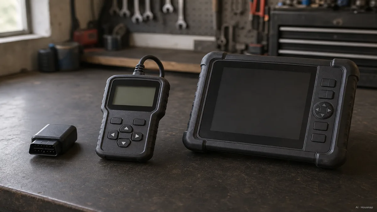Image: three OBD2 scanners lined up on a workbench side by side, a small Bluetooth dongle, a handheld unit with its own screen, and a larger professional scan tool with a case — AI illustration