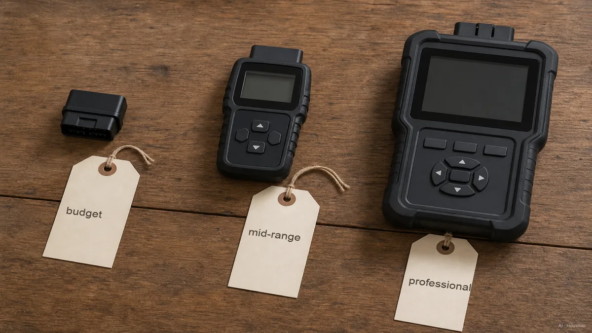 Image: three price tags on a wooden surface labeled budget, mid-range, and professional, each next to a correspondingly sized OBD2 device — AI illustration