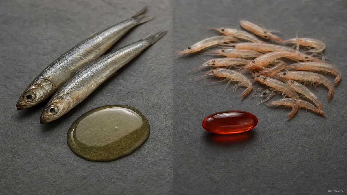 Image: A split-scene still life on a slate surface, one side a small pool of pale gold fish oil beside two whole anchovies, the other side a deeper red-orange krill oil capsule beside a scatter of tiny shrimp-like krill, soft even studio light, no labels or brand marks