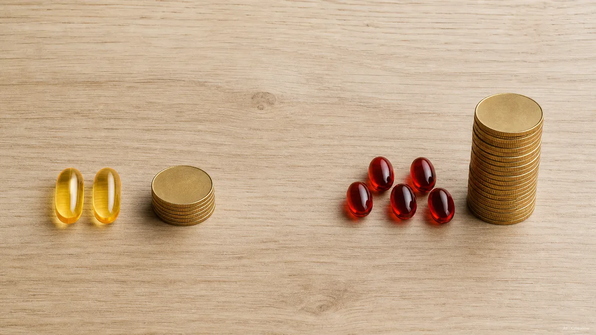 Image: An overhead flat-lay on a light wood table, on the left two large amber fish oil softgels next to a small stack of coins, on the right five smaller deep-red krill capsules next to a taller stack of coins, conveying more capsules and more cost for the same dose, soft daylight, no labels or brand marks