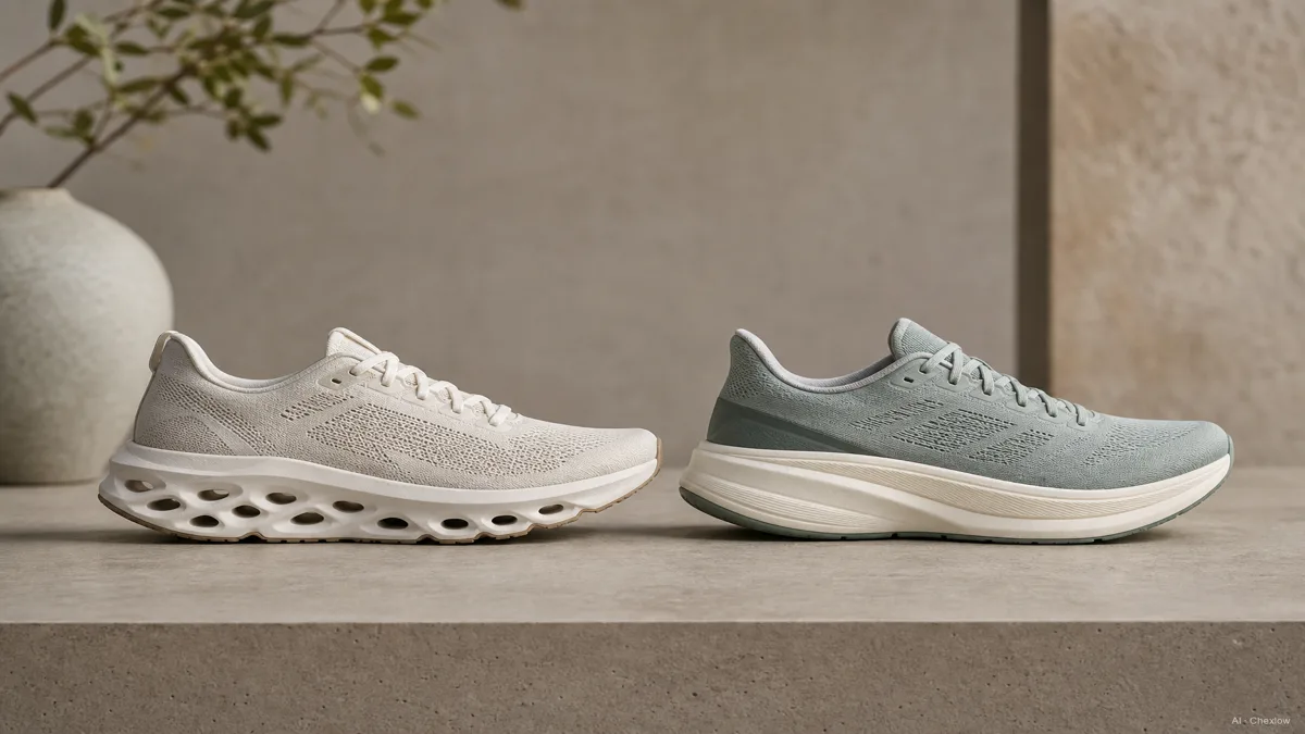 Image: Two running shoes side by side on a studio table, one with visible hollow pod-shaped cutouts across the sole and one with a taller, smooth foam sole and a distinct heel insert, soft even light, no visible logos (AI generated illustration)