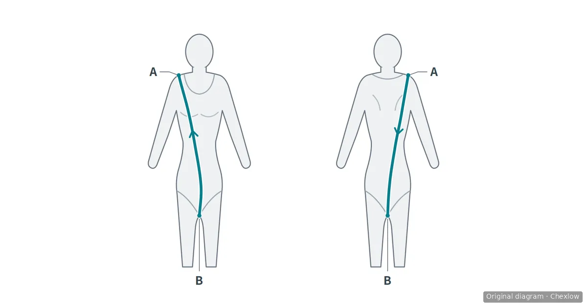 어깨 A에서 가랑이 B를 지나 같은 어깨로 돌아오는 줄자의 경로를 보여주는 신체 앞뒤 도식