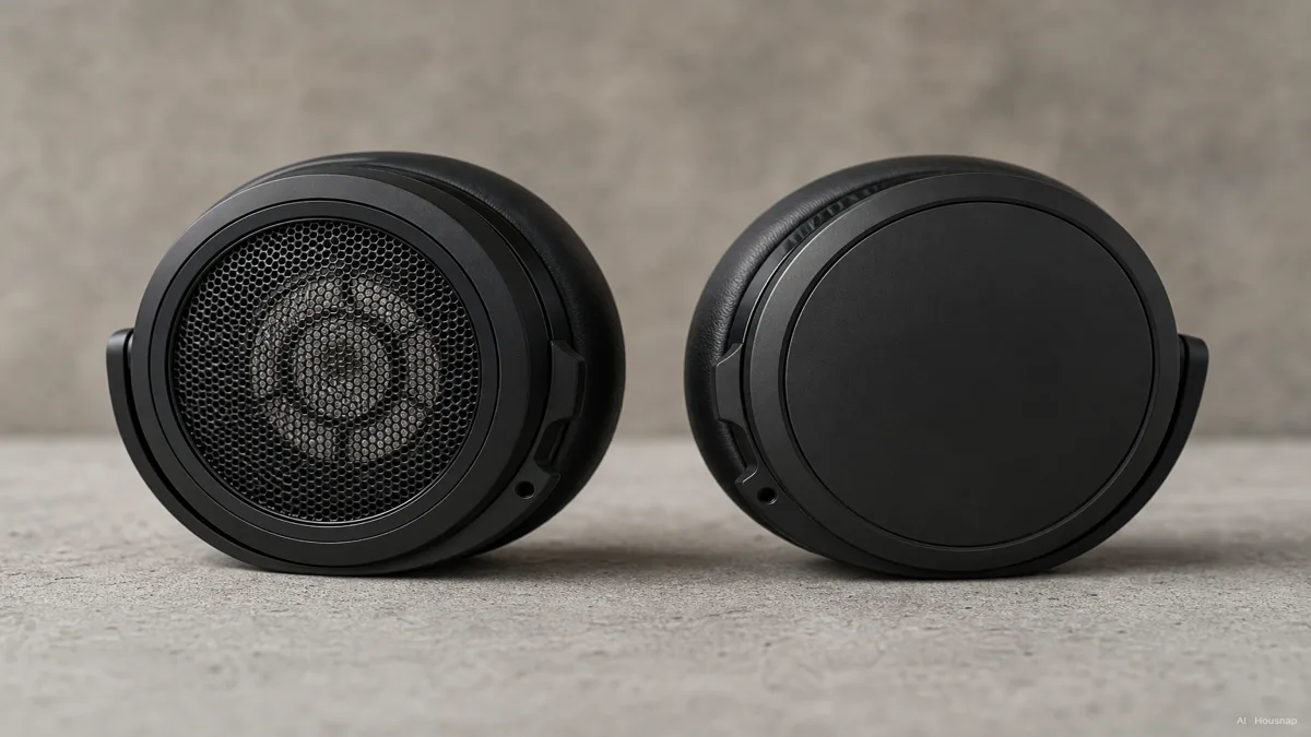 Image: a clean cutaway of two over-ear cups side by side, one with an open mesh grille on the back letting sound pass through, the other a solid sealed shell — AI illustration