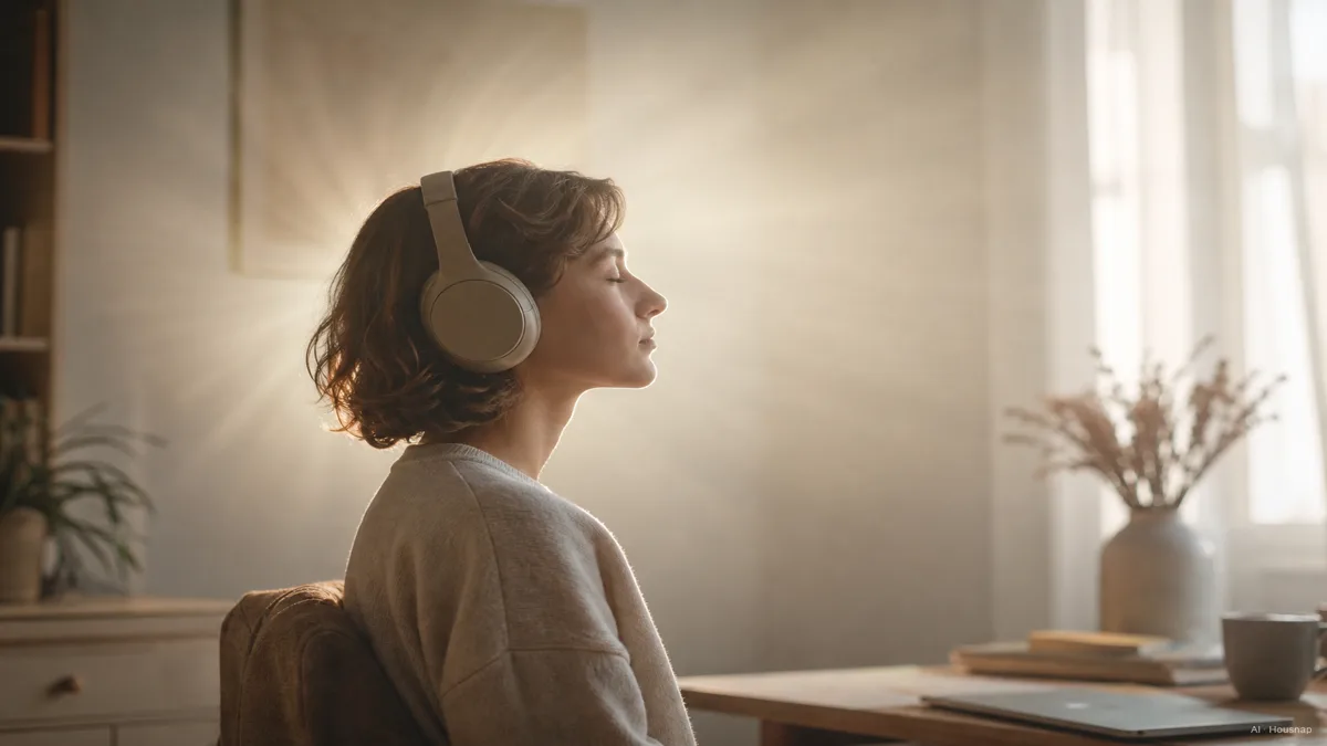 Image: a person listening with eyes closed, the stereo image drawn as a wide soft halo spreading outward around their head rather than pressed against their ears — AI illustration