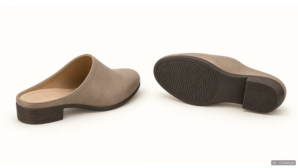 An unbranded mule beside its matching shoe turned sole-up, showing the open heel and underside tread.