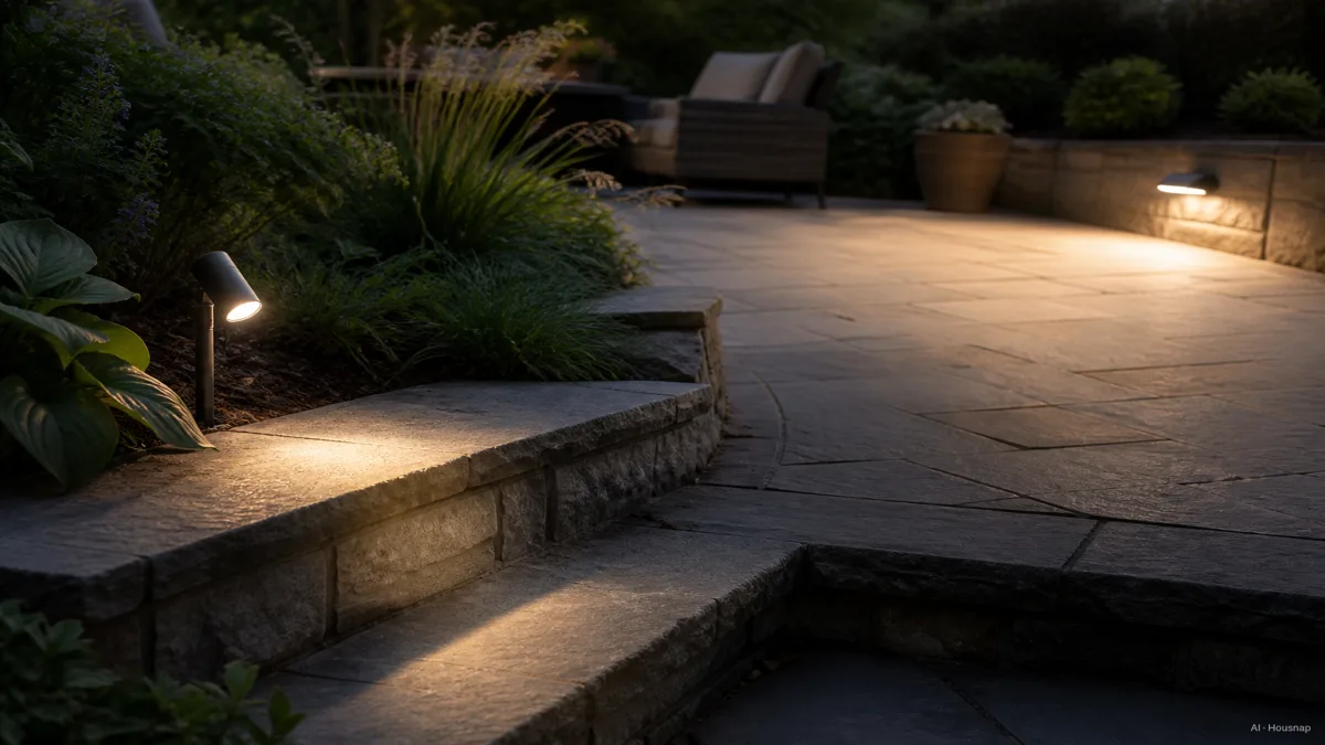 Image: side-by-side comparison of a narrow spotlight beam illuminating a single garden step intensely versus a wide floodlight beam spreading softer light across an entire patio, dusk lighting, no visible brand marks — AI illustration