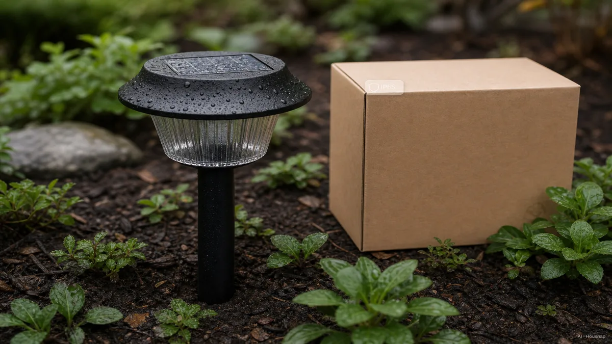 Image: a solar path light mounted in a garden bed with visible rain droplets on its surface, an IP65 badge icon subtly overlaid near the packaging beside it, overcast daylight — AI illustration