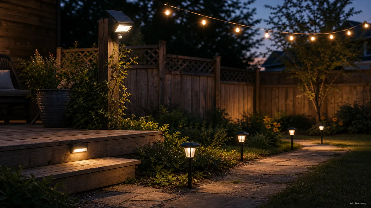Image: four distinct solar light types arranged together at dusk in a backyard scene, low path lights along a walkway, a deck step light, a motion-sensor flood light mounted on a fence post, and string lights draped overhead, warm ambient glow, no visible brand marks — AI illustration