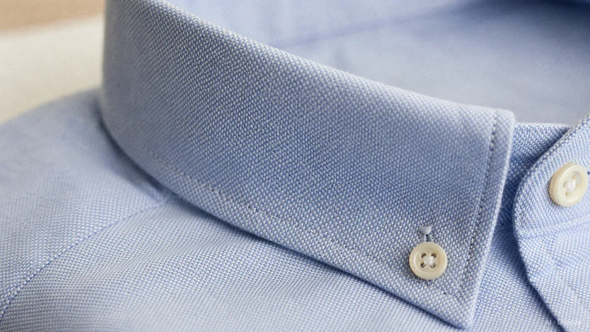 Image: an extreme close-up of a light blue oxford button-down collar buttoned at the throat, the collar arcing into a soft curve, woven basketweave texture visible, soft daylight