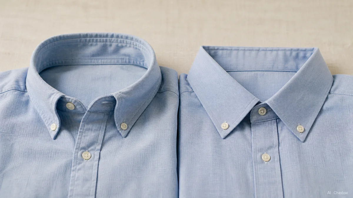 Image: two oxford shirt collars laid side by side on a pale surface, one arcing up in a soft roll, the other pressed flat and stiff, close enough to read the difference