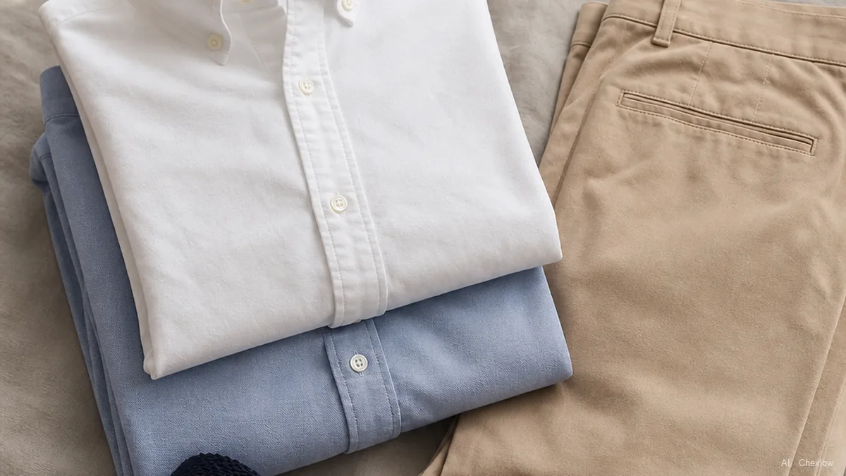 Image: a white oxford button-down and a light blue one folded together on a bed beside chinos and a knit tie, morning light, relaxed styling