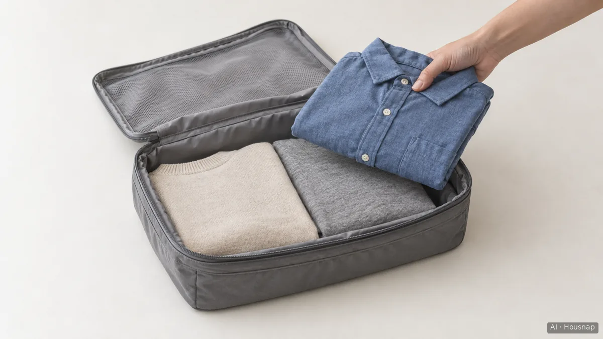 A hand lifting one folded shirt out of an open packing cube, with folded clothes remaining inside — Illustration IA