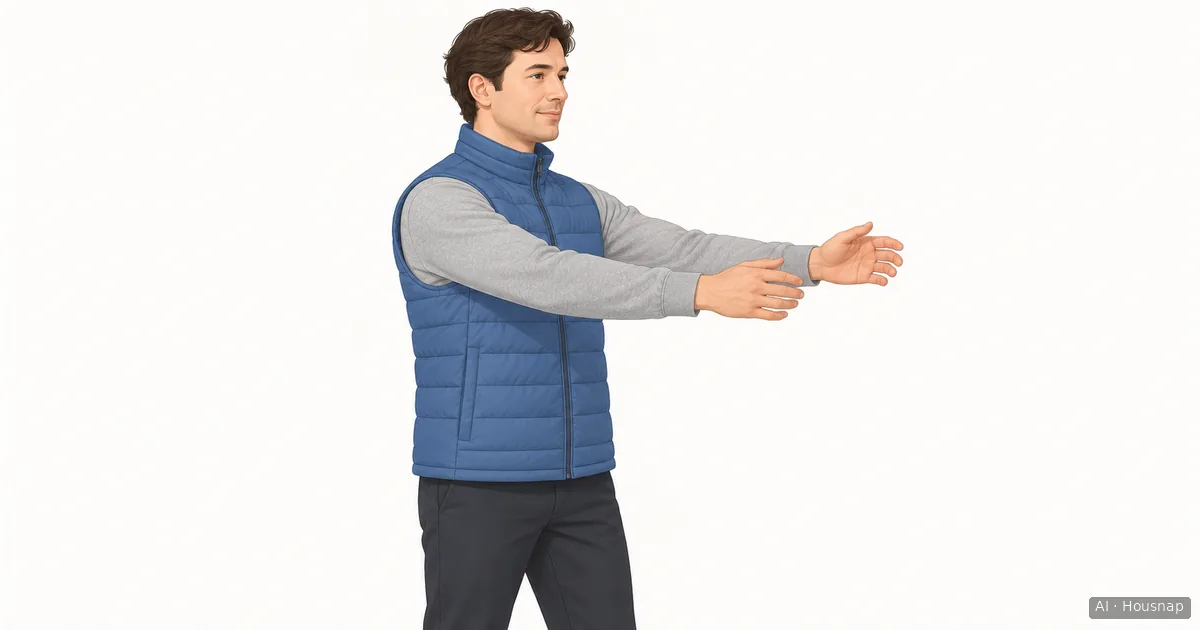 An adult wearing a quilted gilet over a sweatshirt reaches both arms forward, with the near armhole and the full hem visible above the trousers. — AI illustration