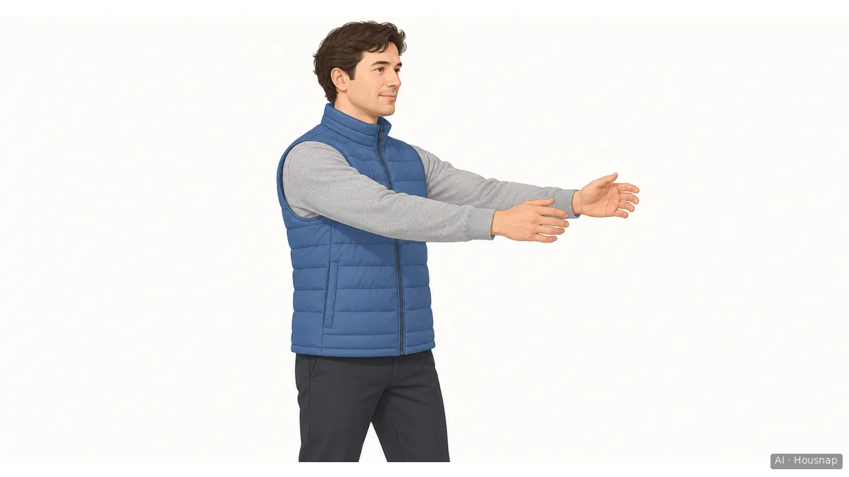 An adult wearing a quilted gilet over a sweatshirt reaches both arms forward, with the near armhole and the full hem visible above the trousers. — AI illustration
