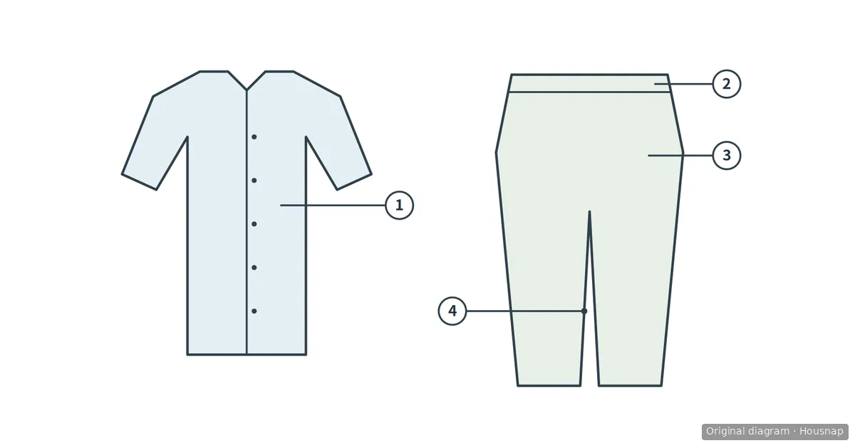 Pajama shirt and trouser outlines with numbered markers identifying four areas to check before choosing a set.