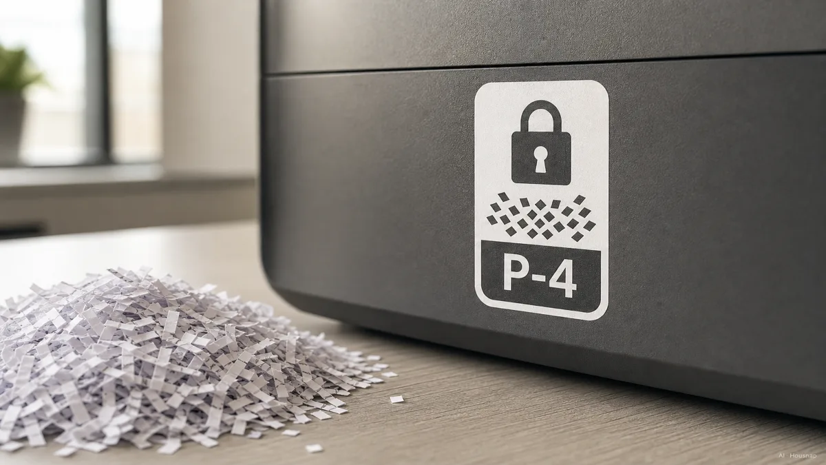 Image: a close-up of a shredder security level label sticker on the side of a paper shredder body, showing a P-4 rating icon next to a small pile of cross-cut confetti paper on a desk, soft office lighting — Illustrazione IA