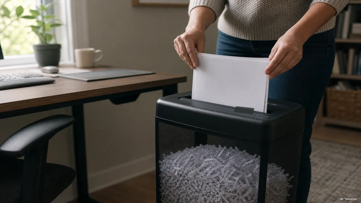 Image: a person feeding a small stack of paper documents into a cross-cut shredder next to a home office desk, a filled shredder bin visible below with confetti-cut paper pieces, natural window light — Illustrazione IA