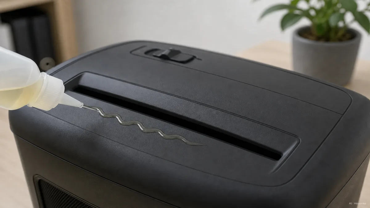 Image: a bottle of shredder lubricant oil being applied in a thin zigzag line into the feed slot of a cross-cut shredder, close-up angle, clean desk surface, soft indoor lighting — Illustrazione IA